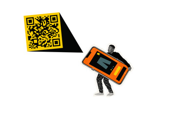 Composite photo collage of astonished american guy hold big iphone projection light qr code technology isolated on painted background