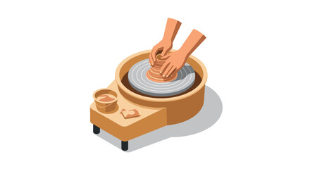 Isometric pottery art crafting scene with rotating wheel and clay creation