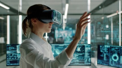 Female Engineer Immersed in Virtual Reality, Interacting with Holographic Data in a Modern Tech Environment