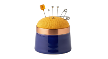 Isolated sewing pins in yellow pin cushion with blue container, metal rim, no background