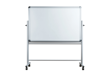Empty white dry erase board on a silver metal stand with wheels isolated on transparent background