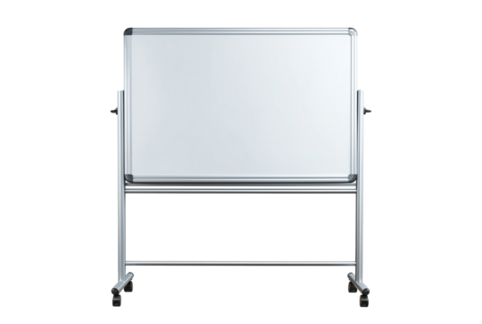 Empty white dry erase board on a silver metal stand with wheels isolated on transparent background