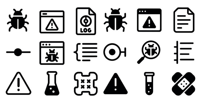 Bug and error solid icons set &ndash; filled, outline, debugging and software symbols