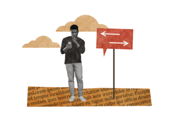 Photo collage standing young thoughtful man decide way choose road roadpost sign showing direction right left turn clouds environment