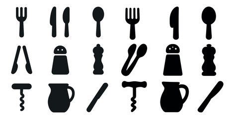 Obraz premium Kitchen utensils solid icons set – silhouette, filled, cooking and culinary tools