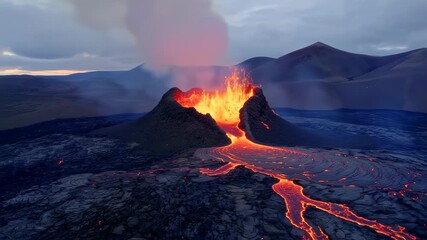 An erupting volcano shows a fiery molten lava flow. Hues of red & dark contrast the sky - Powered by Adobe
