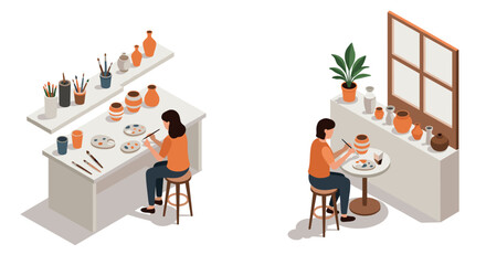 Obraz premium Isometric artist studio with pottery painting scene and window view