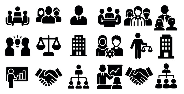 Business and teamwork silhouette icons set – solid, outline, collaboration symbols