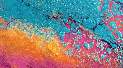Vibrant abstract background with turquoise blue melting into tropical orange and pink tones, enhanced with fine grain and film noise texture