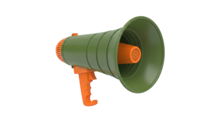 Isolated megaphone with an orange handle, a green loudspeaker, and a speaker grill inside