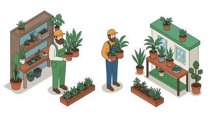 Urban gardening scene with men tending to indoor plants in isometric style