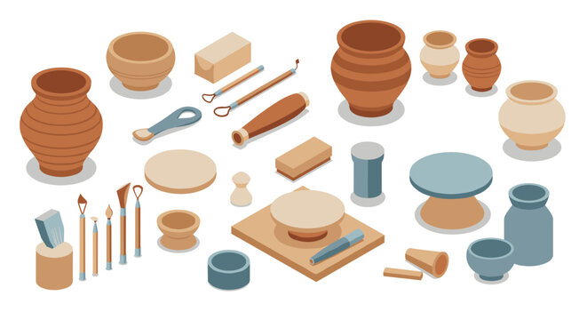 Isometric clay pottery tools and ceramics for crafting projects
