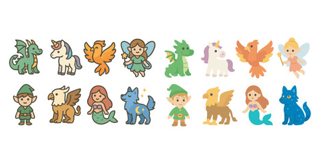Fantasy characters icon set – flat, magical creatures and mythology symbols