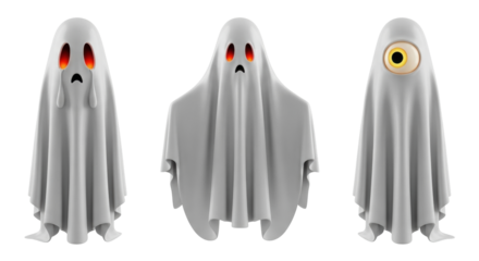 Isolated ghostly apparitions, spooky Halloween spirits, fantasy figures with different expressions