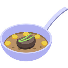 Isometric illustration of a light purple frying pan filled with brown stew topped with a dark brown circular meat and yellow potato pieces garnished with green onions on a transparent background