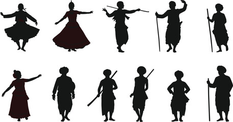 Traditional folk dance silhouette illustration of men and women performing cultural movements with sticks and ethnic costumes, heritage art design for vector collection