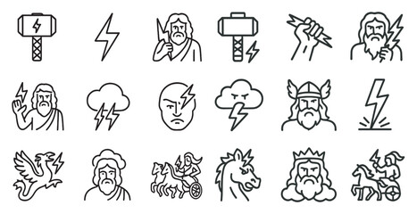 Fototapeta premium Mythology and thunder line icons set – outline, ancient, greek symbols
