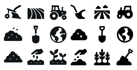Fototapeta premium Agriculture and farming solid icons set – filled, silhouette, gardening symbols