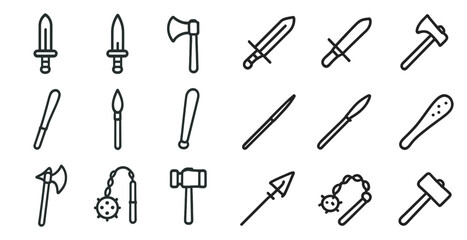 Naklejka premium Ancient weapons outline icons set – line, flat, medieval and warfare symbols
