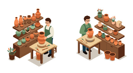 Pottery workshop scene with ceramic crafting and artisans in isometric style