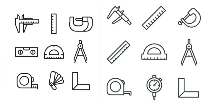 Measurement tools icons set – outline, linear, rulers and calipers graphics