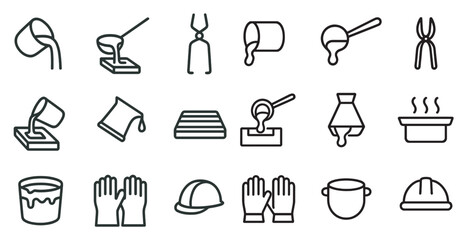 Metal casting linear icons set – outline, industrial, foundry and mold symbols