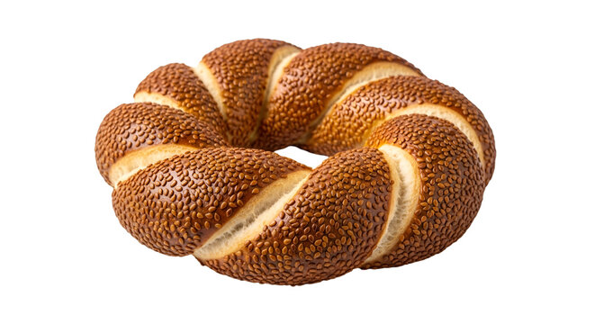 Round Turkish simit bread with sesame seeds isolated on white background, perfect for breakfast themes.