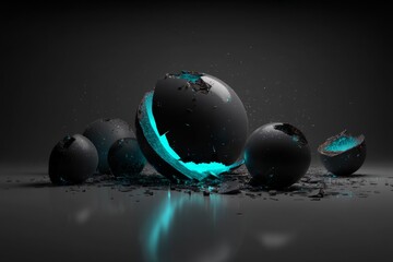 Abstract futuristic shattered spheres with glowing blue inner layers on a dark background, digital art concept