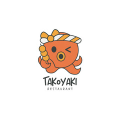 Whimsical takoyaki restaurant logo featuring a cute octopus chef holding a skewer, perfect for branding, menus, and promotional materials that delight customers