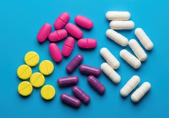A vibrant blue background displays a colorful assortment of pink oval pills, yellow round pills, purple capsules, and white capsules