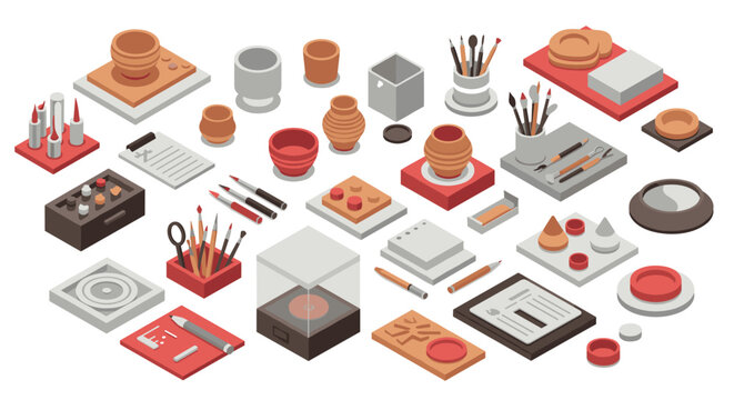 Isometric pottery and art supplies composition for creative design projects