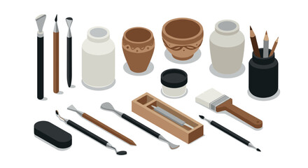 Isometric pottery and art tools composition for creative projects