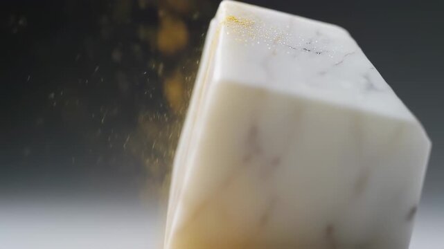 A white marble block has gold dust falling on it.  The block has some veins. Neutral background