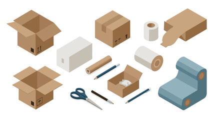 Isometric cardboard boxes and office supplies arrangement