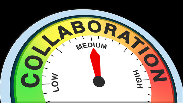 Collaboration medium, concept illustration showing moderate teamwork or cooperative effort on a meter. Ideal for business, management, or organizational visuals in charts, meters, or text formats