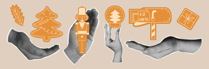 Christmas holiday collage set. Halftone hands with holiday elements. Retro xmas collection