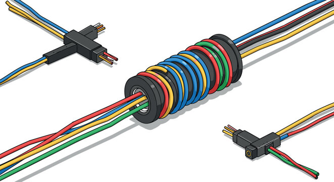 Colorful electrical wire connections with ferrite ring in isometric style