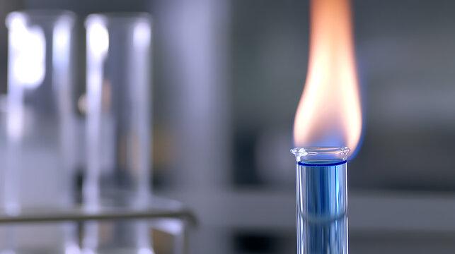 Science experiment: Test tube with blue liquid being heated by a flame. Laboratory setting with blurred background. Chemistry in action.