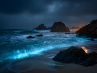 Dynamic ocean waves with a mystical bioluminescent glow crash onto a dark rocky shore under an ethereal night sky