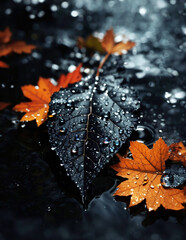 Autumn leaves with water drops on dark background, shallow dof