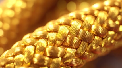 Close-up View of Intricate Gold Braided Texture with Beautiful Shimmering Bokeh Background