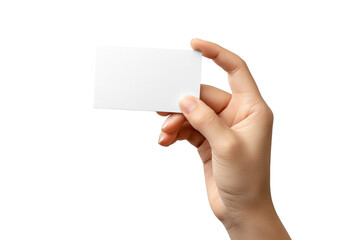 Obraz premium Human hand holding a blank white card isolated on transparent background