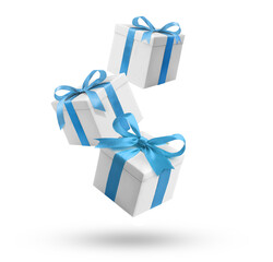 Presents flying on white background