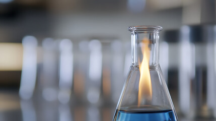 Glass flask containing blue liquid with a burning flame inside, set against a blurry background of lab equipment in a science laboratory environment.