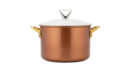Isolated copper-colored stockpot with a white lid and two golden handles for modern cooking