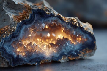 Obraz premium Blue Agate Geode with Sparkling Quartz Crystals, Illuminated by Golden Glow.