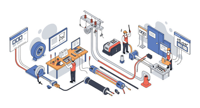 Isometric electrical engineering workflow with detailed components and team collaboration