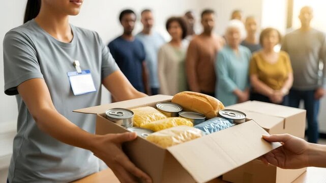 Woman volunteer giving opening cardboard box for those in need indoors, delivery. Food donations in box, charity work. Social support and community help footage