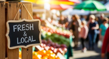 Fresh local produce at farmers market. Perfect for advertising healthy food, supporting local businesses, or promoting sustainable agriculture. Bright, inviting scene. 