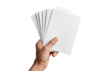 Hand holding a fan of blank white envelopes isolated on transparent background